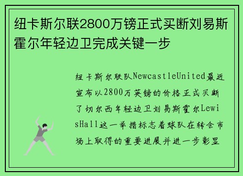 纽卡斯尔联2800万镑正式买断刘易斯霍尔年轻边卫完成关键一步