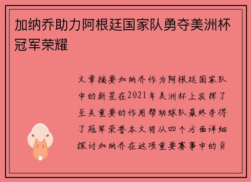 加纳乔助力阿根廷国家队勇夺美洲杯冠军荣耀